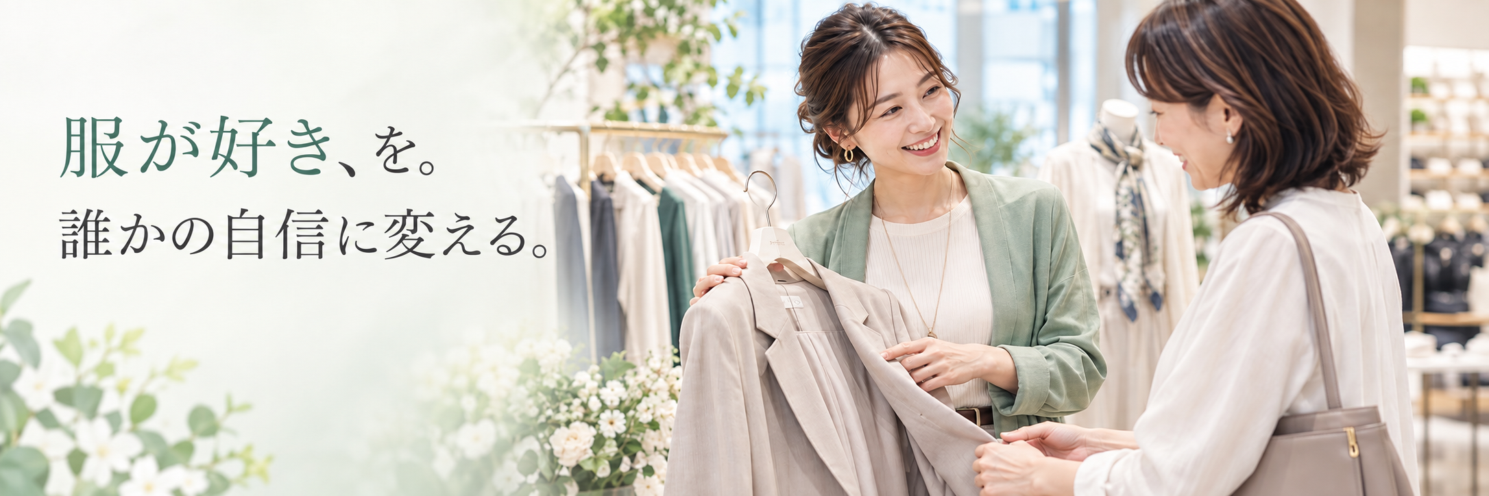 服が好き、を。誰かの自信に変える。ショップで利用者に服を提案するアテンダント